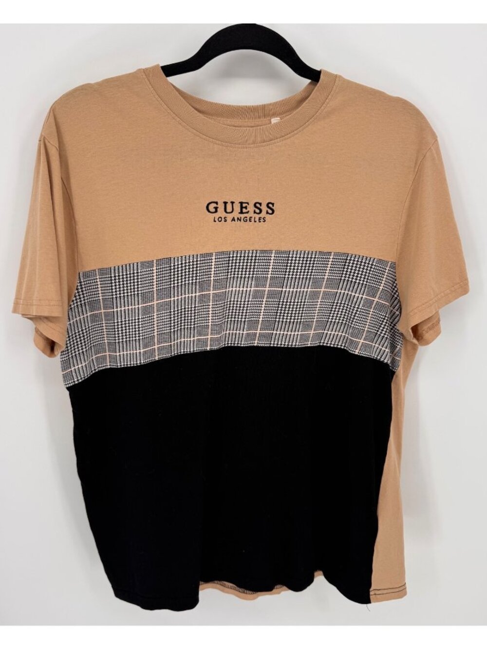 Guess Los Angeles Unisex Tan Plaid Colorblock 90's Crew Neck T-Shirt Size L